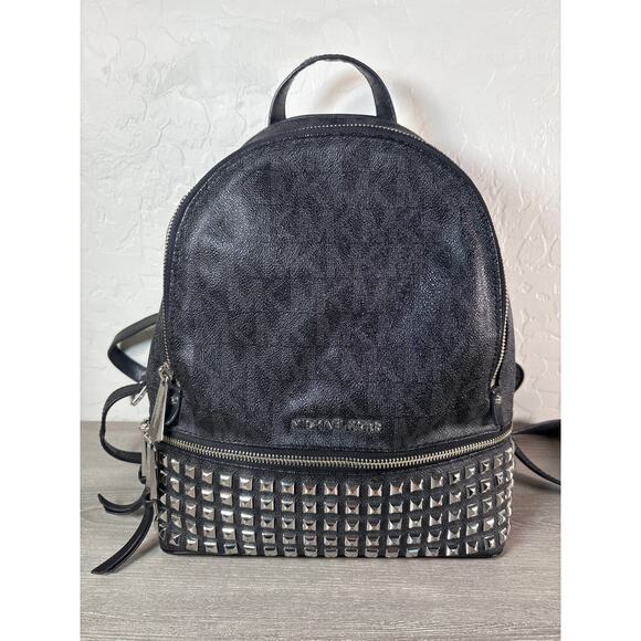 MICHAEL Michael Kors signature monogram Rhea Medium Logo Studded Backpack - Picture 1 of 9